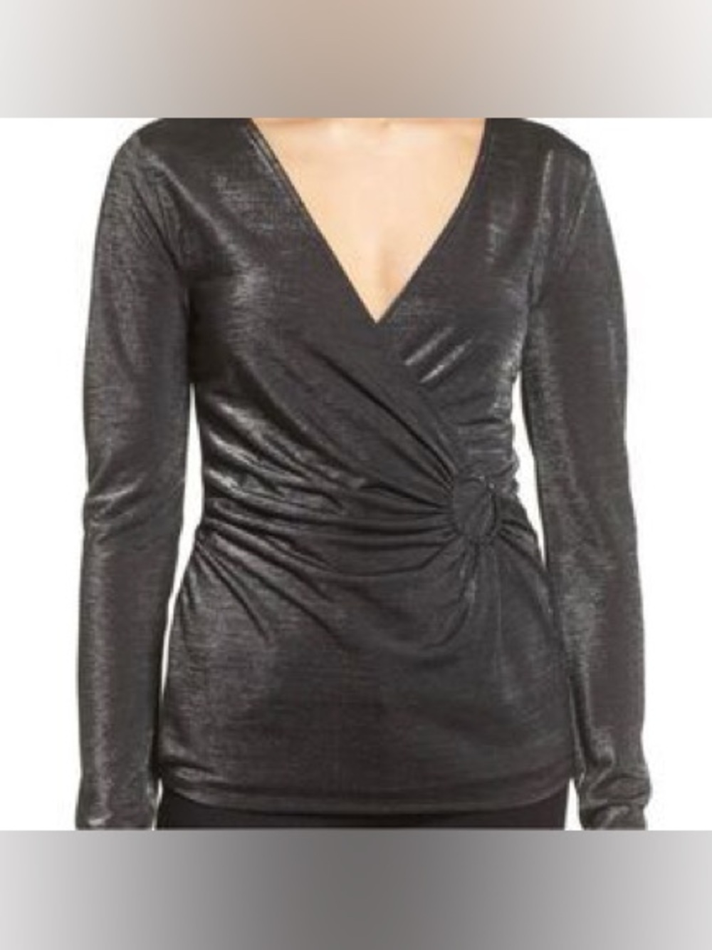 Trouve Shimmery Dark Grey Long Sleeve Deep V Neck Evening Blouse Size Large